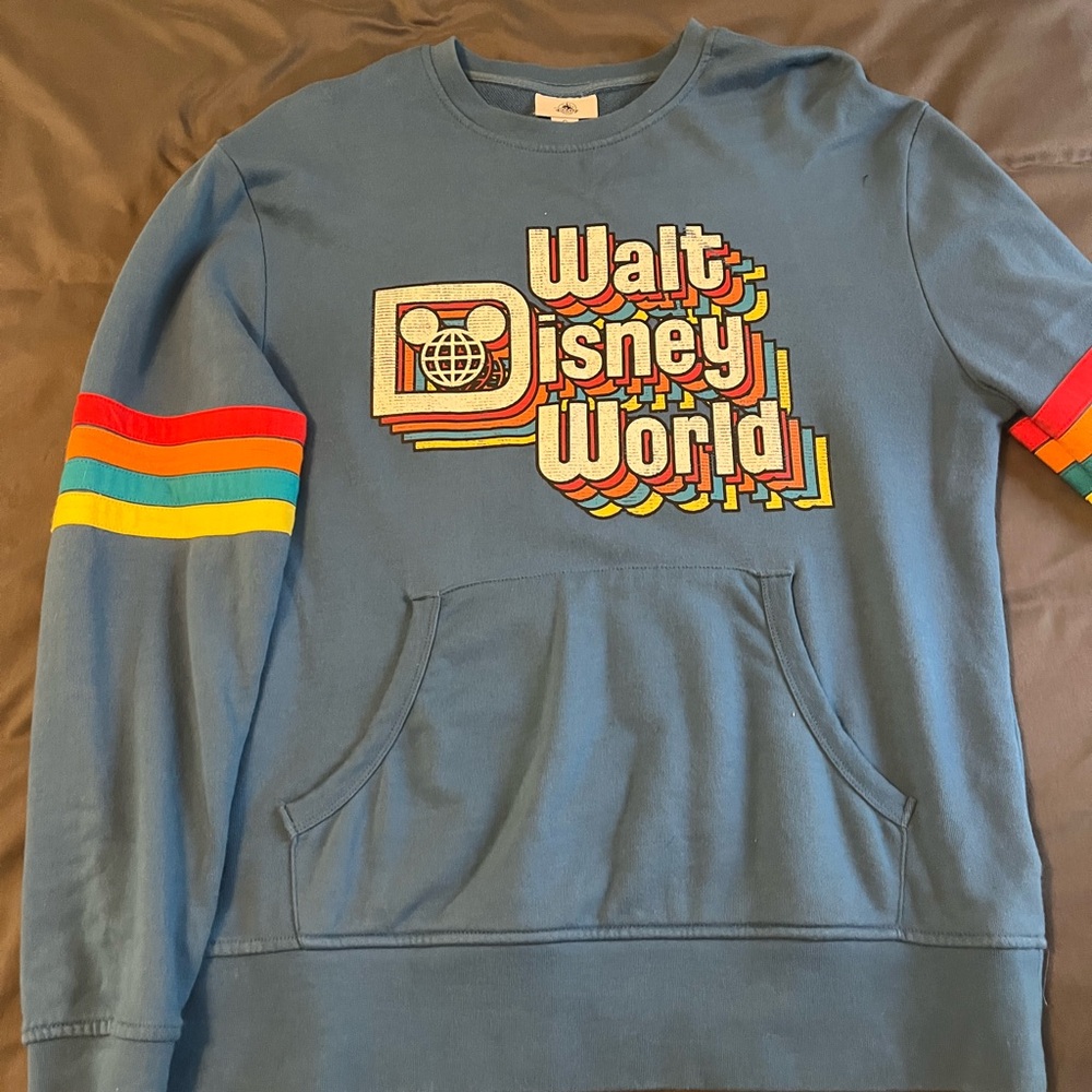 Disney Blue Crewneck Sweater with Multicolor Stripes